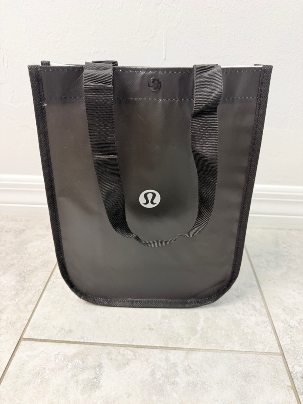 Lululemon Reusable Tote Bag Black Gray Small Shopping Lunch Eco Bag Snap Closure